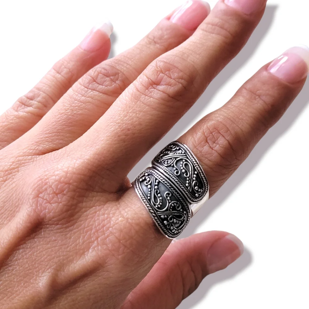 Sterling Silver 925 Bali Boho Artsy Festival Hand Crafted Spoon Ring, 7 & 9 - Picture 3 of 7